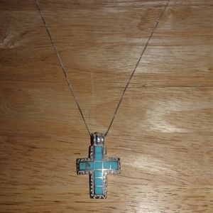 OSE 925 SS Turquoise Inlay Cross Necklace
